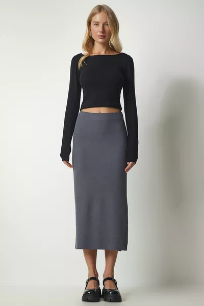 المرأة رمادي غامق شق مضلع محبوك قلم رصاص تنورة 