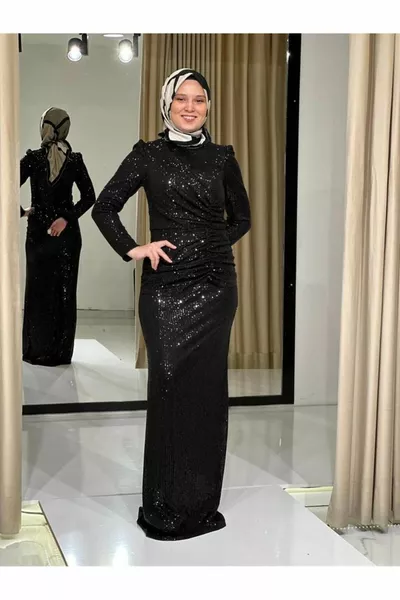 Schwarze Sterne Neue Saison Hijab Pailletten Top Drapierung Look Stilvolles Abendkleid Abendkleid 