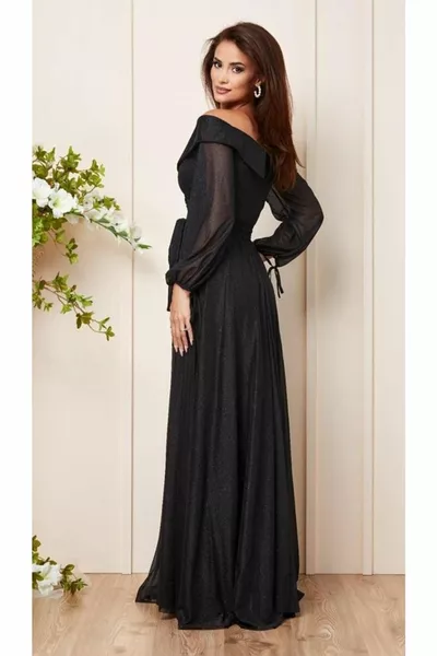 Abendkleid mit Schnürärmeln und Gürtel aus silbernem Tüll Promise Verlobungskleid