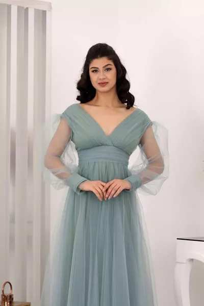 V-الرقبة زيرين تول مساء اللباس النعناعي الأخضر