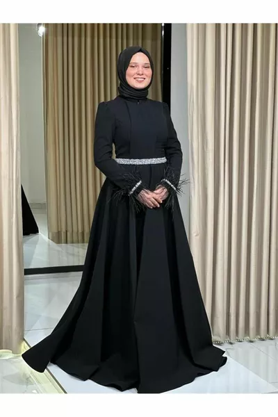 Sterren Nieuw Seizoen Hijab Taille Zitplaats Taille Riem Mouwen Gevederde Avondjurk Zwart