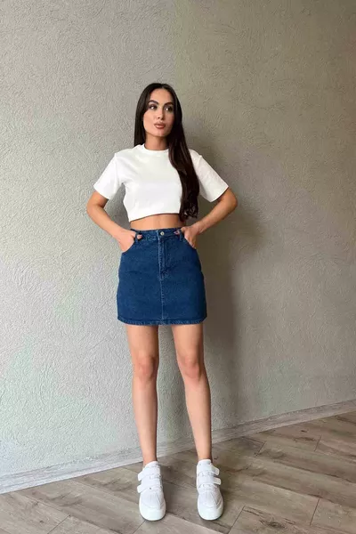 Mavi Cep Detaylı Mini Denim Etek