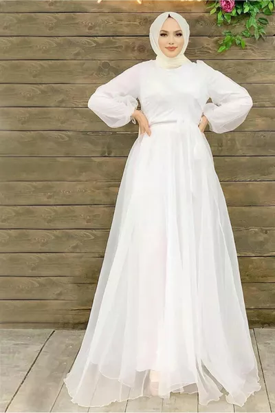 نسائي Ecru بحزام تول مساء اللباس T 