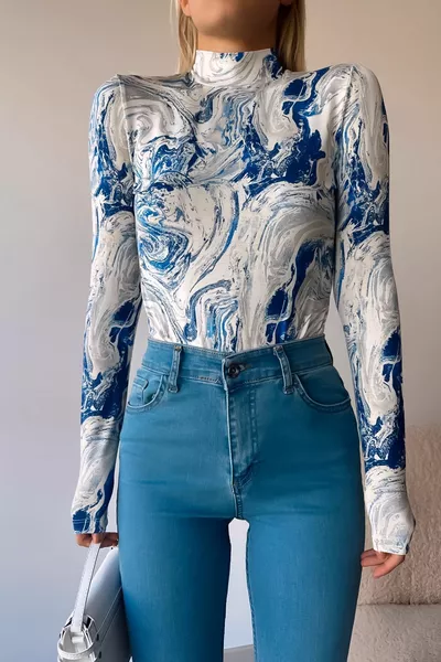 المرأة الموسم الجديد الأزرق موجة نمط الوقوف الياقة بلوزة طويلة الأكمام