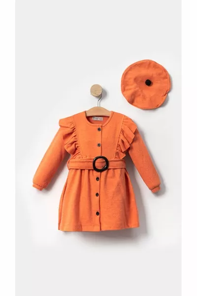 Girls' Orange Long-Sleeve Cotton Dress - With Hat and Belt Detail, Trendy Comfortable Party Dress