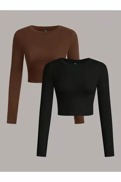 Kadın 2 lİ Adet Fitilli % PAMUKLU Bisiklet Yaka Örme Kaşkorse Uzun Kol Crop Bluz