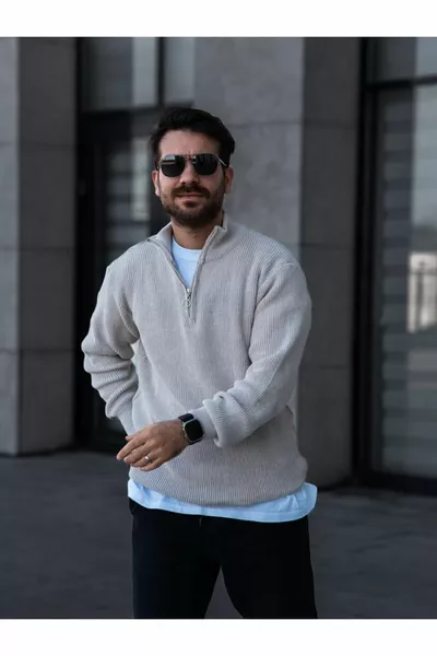 كنزة رجالية من صوف السلانك بياقة نصف سحاب باللون الحجر