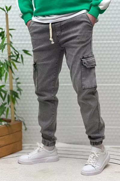 Men's Boyfriend Denim Pants with Cargo Pockets, Elastic Waist and Cuffs