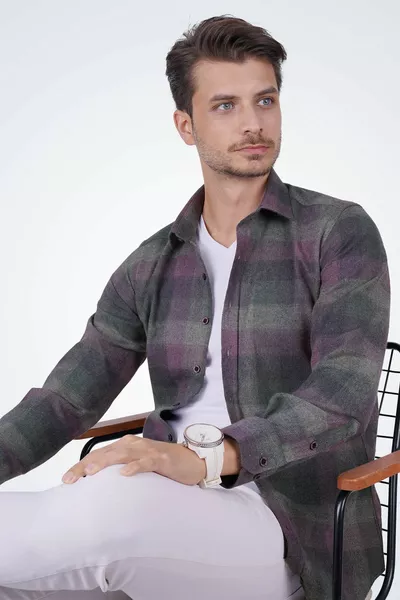 Yeşil Lila Geçişli Slimfit Oduncu Erkek Gömlek