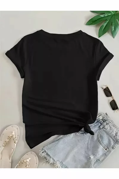 Women's Cotton Jersey Black T-Shirt with Blue Flower Print