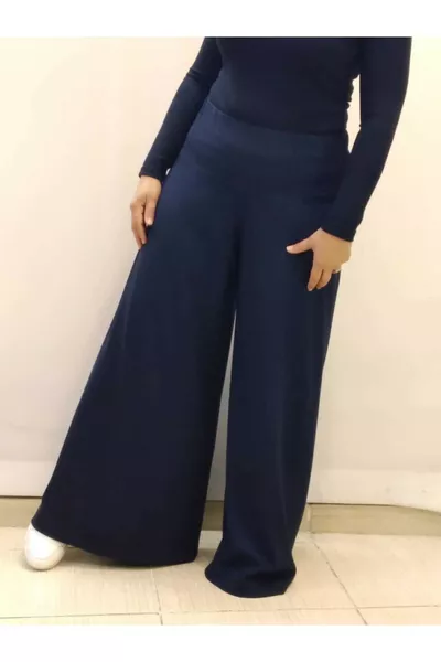 Navy Blue Knit Pants Skirt with Elastic Waist and Wide Legs