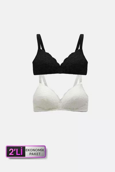 طقم حمالات صدر اقتصادي مكون من قطعتين  فينيس بدون دعم باللونين الأسود والكريمي مع دانتيل