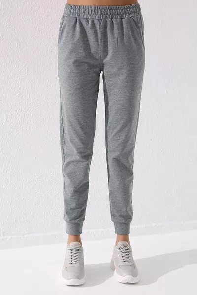 Pantalon de jogging femme gris chiné taille haute, coupe confortable avec poignets - 