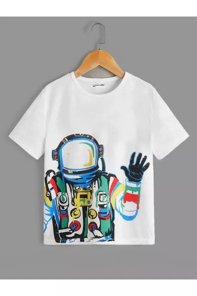 T-shirt blanc enfant oversize col rond imprimé Hello Astronaute