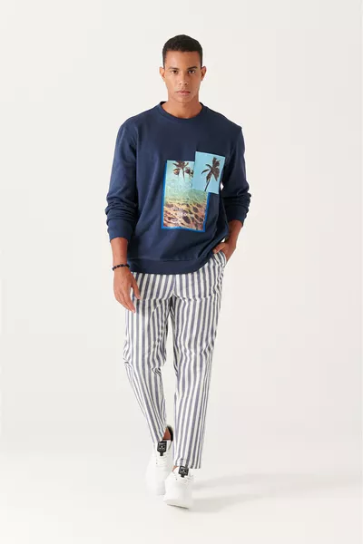 Men's White-Navy Wide Striped Relaxed Fit Pants 