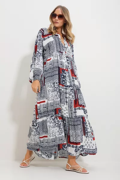 Kadın Tarçın Hakim Yaka Şal Desenli Maxi Boy Elbise 