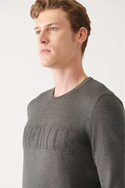 كنزة تريكو قطنية رجالية بياقة دائرية رمادية 