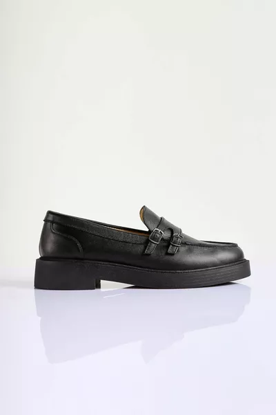Women's Black Genuine Leather Double Buckle Loafer