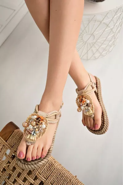 Hasır Parmak Arası Örgü Deniz Kabuklu Taşlı Kadın Halat Ipli Sandalet