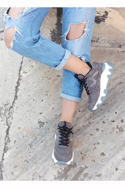 Suede Leather Grey Color Thick Sole Women Sneakers