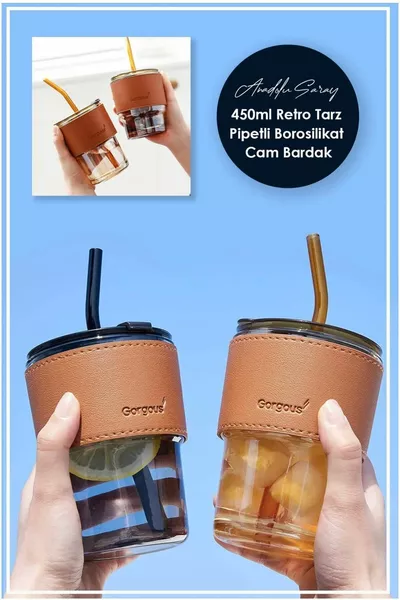  мл термостойкий стакан из боросиликатного стекла с трубочкой и ретро-кожаной лентой | Стакан для подачи кофе - 1 шт.