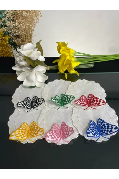 6'lı 3 Boyutlu Kelebek Desenli Nakış Işleme Keten Çay,Kokteyl Ve Kahve Yanı Sunum Peçetesi