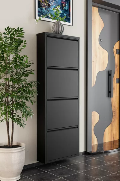 Metall-Schuhschrank mit 4 Türen, Schwarz