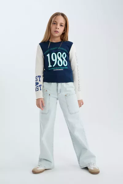 Girls' Cropped Fit Ribbed Jersey Long Sleeve T-Shirt with Print, Crew Neck WN