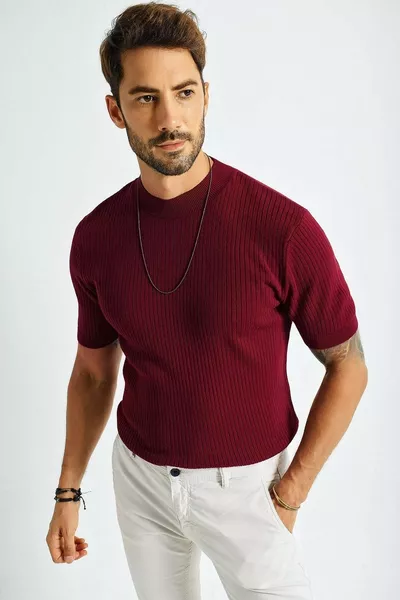 Erkek Bisiklet Yaka Fitilli Kısa Kollu Ince Triko Kazak 