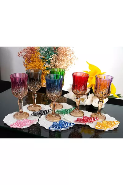 طقم 6 أكواب قهوة وزجاج مياه ومشروبات ملونة متعددة الألوان بقاعدة كريستالية (صبغة عضوية)