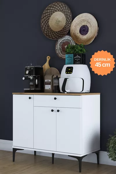 Rani  Угловой кофейный шкаф многофункциональный с 3 дверцами и 1 ящиком для кухни, белый - корзина орех