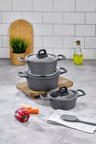 Gusseisen 6-teiliges Granit-Topfset - Antihaft,  cm - Mit Deckel