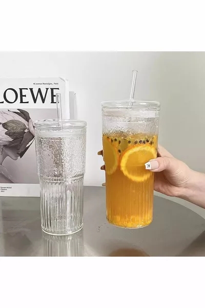 Bicchiere da presentazione in vetro borosilicato, bicchiere con cannuccia e coperchio, bicchiere da caffè, resistente al calore ( ML) Macchiato