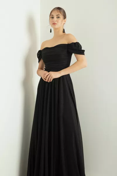 Vrouwen Zwarte Boothals Gedrapeerde Split Lange Glitter Avondjurk