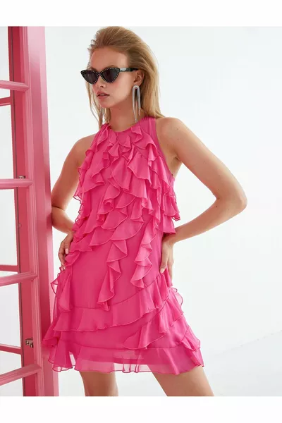 Mini Evening Dress Chiffon Ruffled Halter Collar Lined