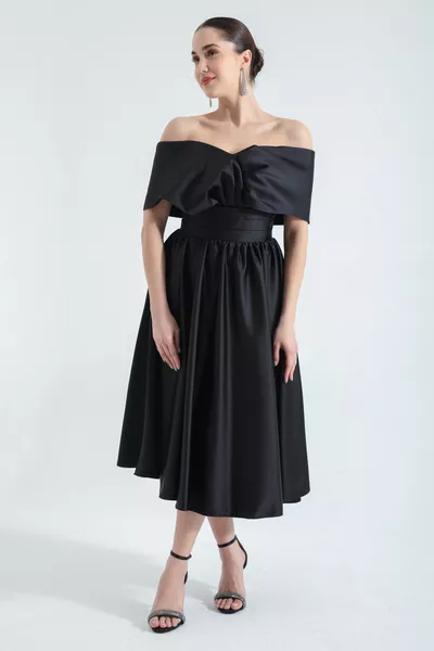 Women's Black Boat Neck Flared Midi Satin Evening Dress