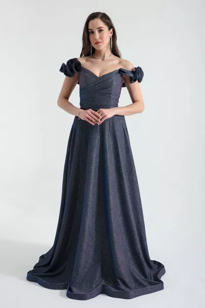 Kadın Renkli Kolları Fırfırlı Simli Uzun Abiye Elbise