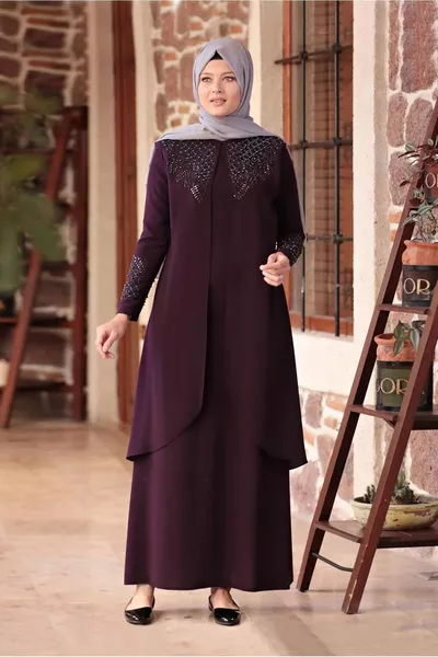 Women's Plum Bead Detailed Embroidered Evening Dress T 