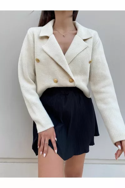 المرأة الذهب زر الأساسية تريكو المحاصيل كارديجان سترة