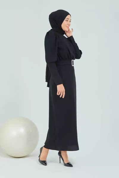 Clasp Belted Evening Dress - Black