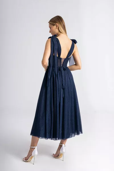 Glitter Midi Length Navy Blue Evening Dress and Prom Dress