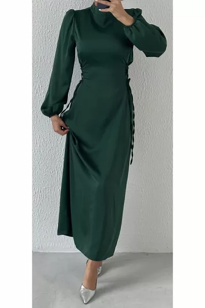 Waist Tie Detailed Satin Hijab Evening Dresses