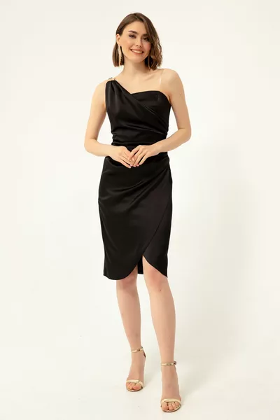 Schwarzes One-Shoulder-Midi-Satin-Abendkleid für Damen
