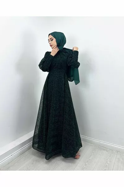 Hijab Tule Avondjurk Jacquard Zilverachtig Geweven Stof Mode Bruiloft Elegantie – Smaragd