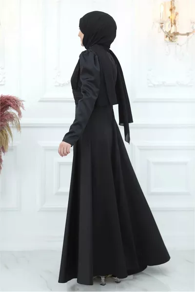 WOMEN'S BLACK BEAD EMBROIDERY DETAILED SATIN EVENING DRESS T 