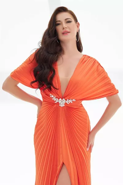 Оранжева дълга вечерна рокля Plisoley с деколте от камък на талията