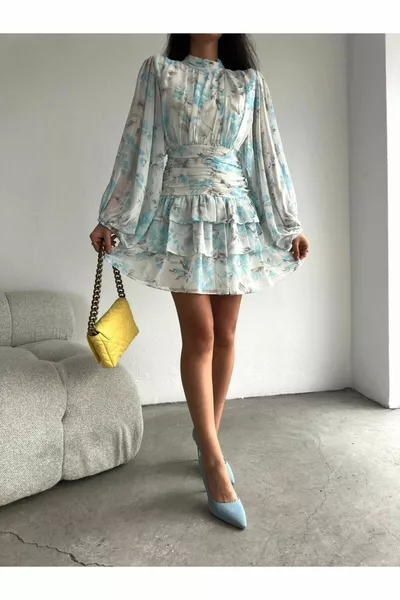 الوقوف الرقبة رايات الظهر مفصلة الأزهار منقوشة النعناع الأخضر البسيطة الشيفون اللباس