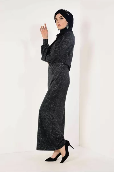 Women's Black Balloon Sleeve Glitter Evening Dress 