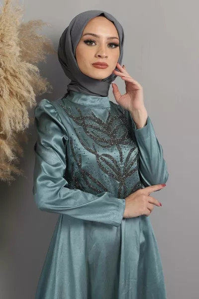 Robe de soirée à motif de gravure de pierre menthe