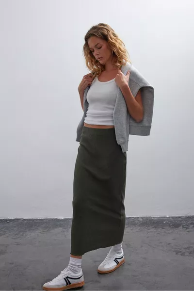 Khaki Waist Elasticated Ribbed Midi Skirt